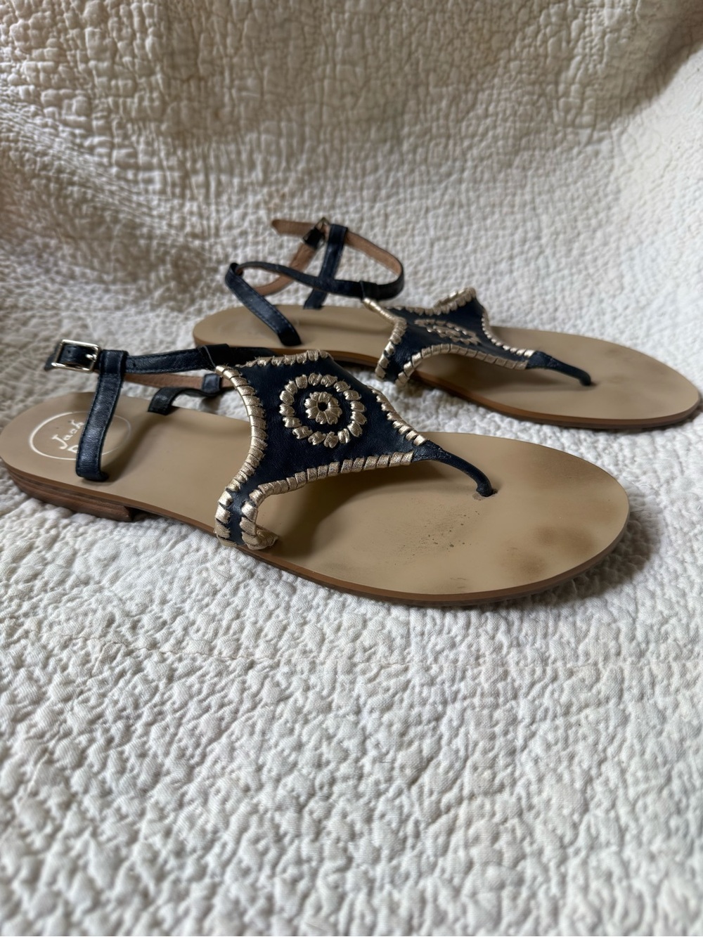 Jack Rogers Navy Blue Gold Leather Whipstitch Ankle Strap Sandals Size 10